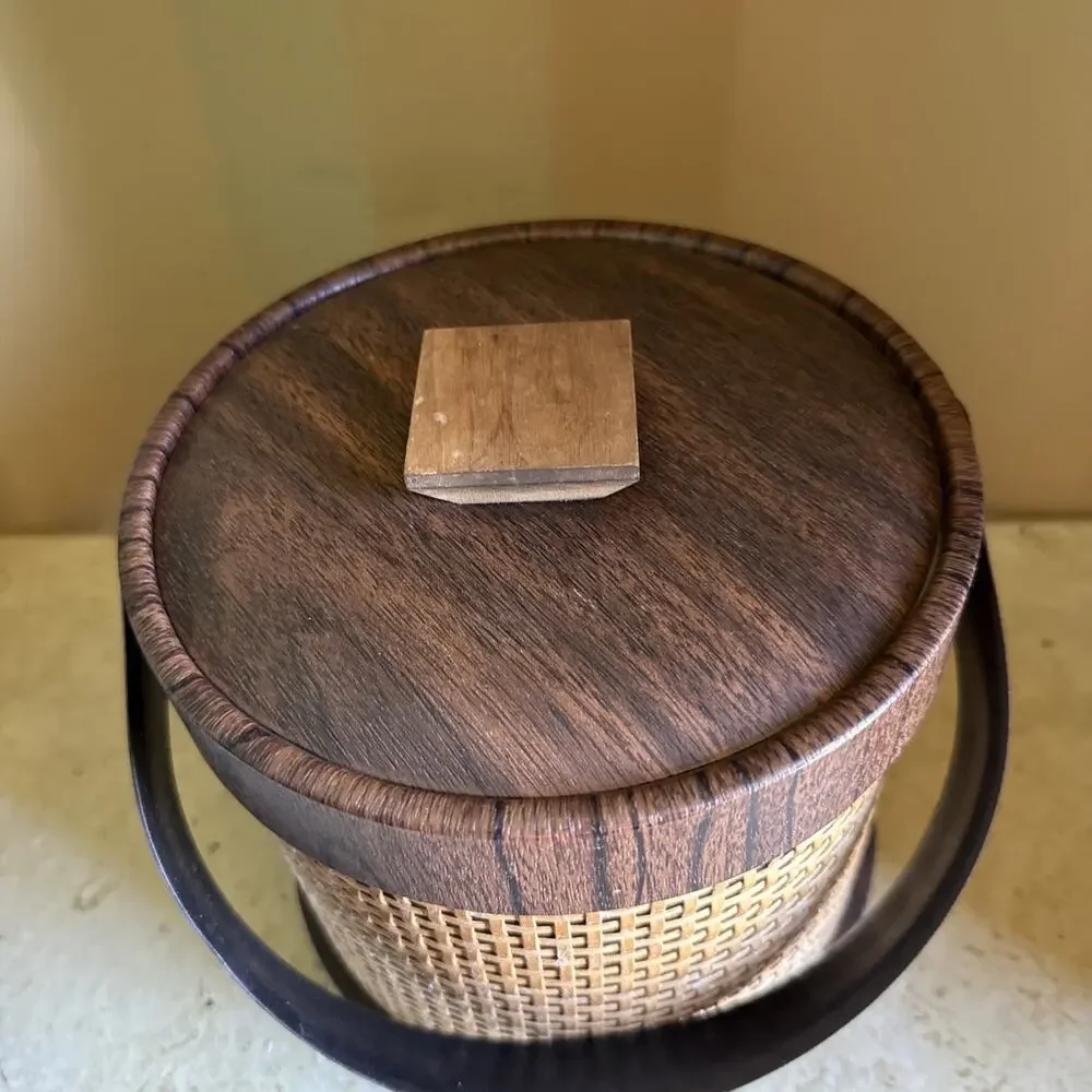 Mid Century Modern MCM Faux Wood Grain & Basket Weave Ice Bucket Bar